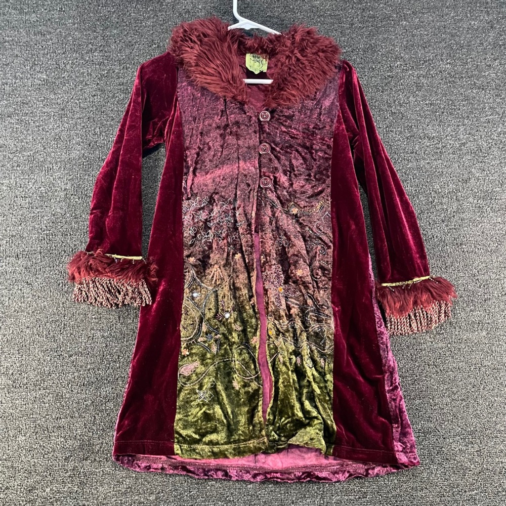 Gothic Velvet Coat Womens XS Burgundy Little Mass Halloween Embroidered Faux Fur